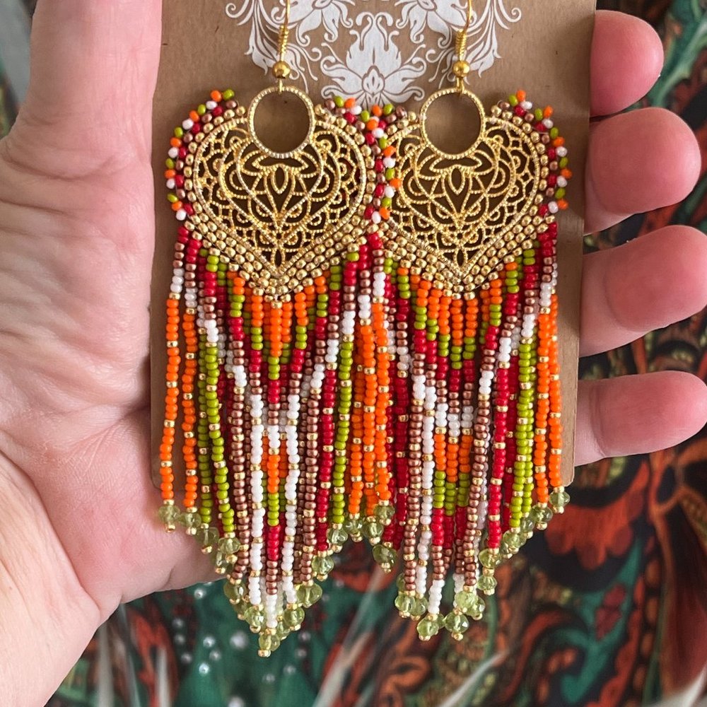 Handmade Beaded Earrings Native American Style Long Fringe Artisan Heart Dangles - Picture 3 of 7
